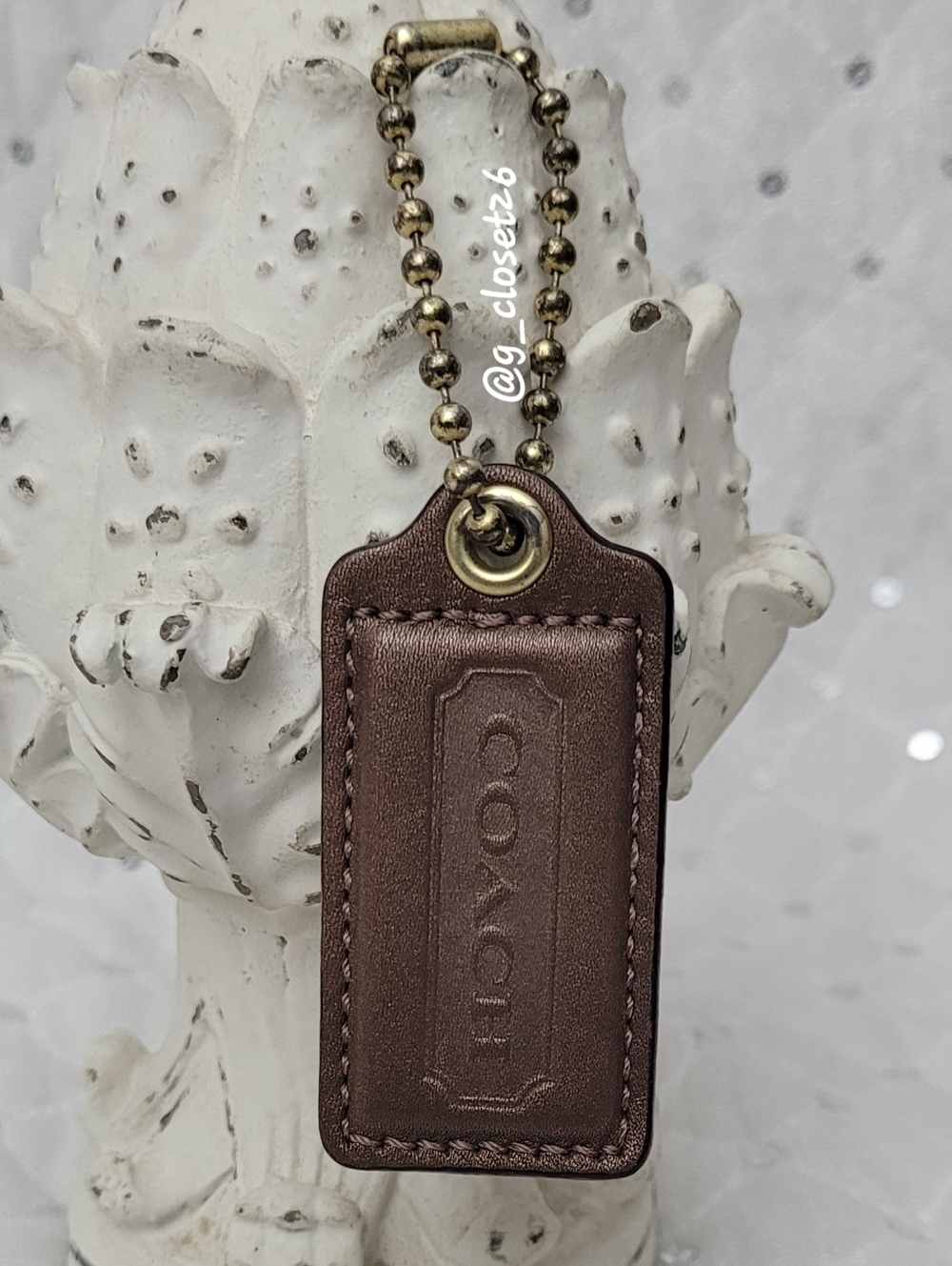 COACH Brown Leather Key Tag with Gold-Tone Bead Chain